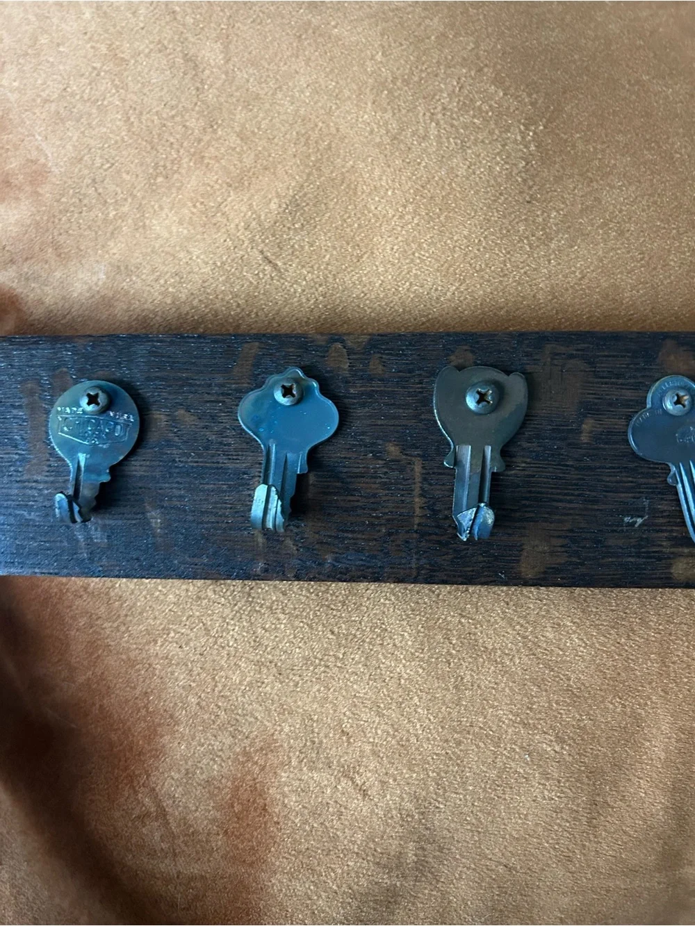 Dark wood wine barrel key rack with vintage key hooks wall hanging handmade